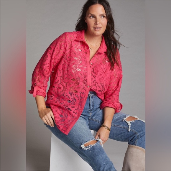 Maeve Tops - MAEVE by ANTHROPOLOGIE  Lace Boho Slim Buttondown Shirt in Pink Size 12